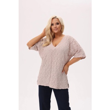 Kimonowa bluzka Zaria o marszczonej teksturze - Piaskowy Puder PLUS SIZE XXL OVERSIZE WIOSNA