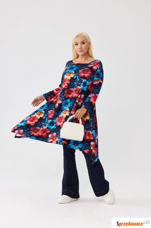 Asymetryczna tunika w hibiskusy OVERSIZE PLUS... - Bluzki i koszule damskie - Wieluń