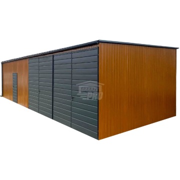 Garaż blaszany 12x6m- 2x Brama - drzwi Antracyt Dach spad w przód - rynna GP611