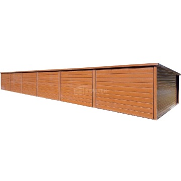 Garaż blaszany 18x5m 6x brama uchylna 2x drzwi rynna drewnopodobny ST234