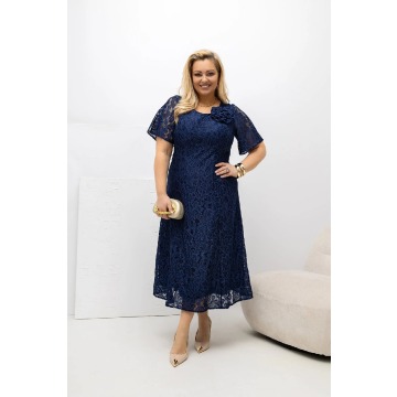 Granatowa sukienka Dorisse Koronka MIDI rozkloszowana koronkowa na podszewce PLUS SIZE XXL OVERSIZE 