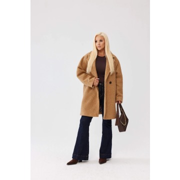 Karmelowy damski płaszcz Isabella z tkaniny bukla - elegancja i komfort PLUS SIZE XXL OVERSIZE WIOSN