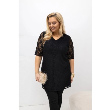 Czarna tunika wizytowa Larise z eleganckiej koronki PLUS SIZE XXL OVERSIZE WIOSNA