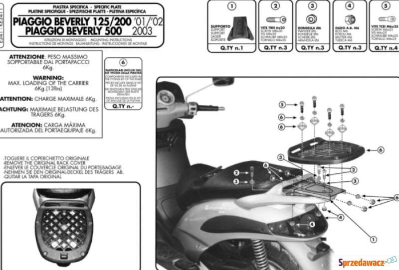 GIVI STELAŻ KUFRA CENTRALNEGO MONOLOCK - PIAGGIO - Kufry i bagaż - Bielsko-Biała