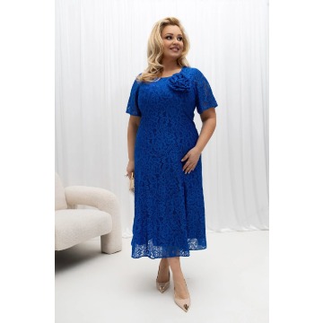 Szafirowa sukienka Dorisse Koronka MIDI rozkloszowana koronkowa na podszewce PLUS SIZE XXL OVERSIZE 
