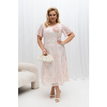 Elegancka sukienka Dorisse w kolorze ecru z akcentem pudrowego różu Koronka MIDI rozkloszowana koron