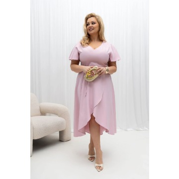 Asymetryczna sukienka Aleta z paskiem w talii w kolorze pudrowego różu PLUS SIZE XXL OVERSIZE WIOSNA