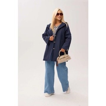 Granatowy przejściowy płaszcz damski Arlene o trapezowym kroju z kapturem PLUS SIZE XXL OVERSIZE WIO