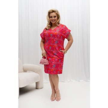 Kimonowa bawełniana sukienka dresowa z kieszeniami Trina w intensywny różowy print PLUS SIZE XXL OVE