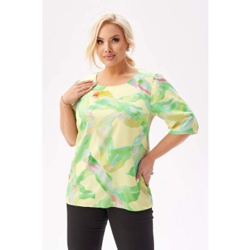Bluzka Spring z krótkim rękawem i lekką bufką w pastelowych kolorach żółtego i zieleni PLUS SIZE XXL