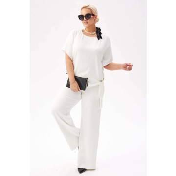 Elegancki komplet Rosa w kolorze ecru - bluzka i spodnie na wesele PLUS SIZE XXL WIOSNA