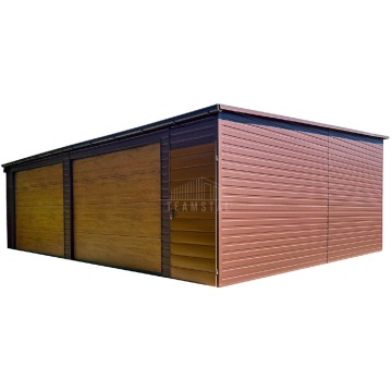 Garaż blaszany 8x6m 2x brama segmentowa drzwi rynna TS1121