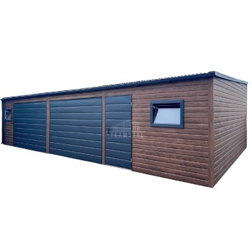Garaż blaszany 10x3m 2x brama drzwi 2x okno drewnopodobny rynny TS1148