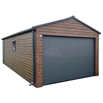 Garaż blaszany 3,7x6 brama segmentowa drzwi okno rynna blachodachówka TS1176