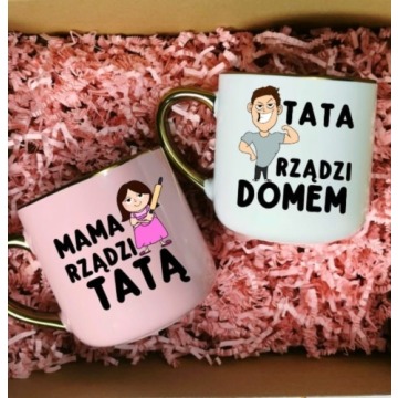 Zestaw kubków dla Taty i Mamy - MAMA RZĄDZI TATĄ Z BRUNETKĄ - TATA RZĄDZI DOMEM