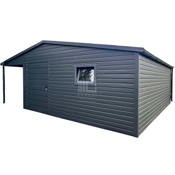 Schowek domek ogrodowy 4,5x5m + wiata 1,5m drzwi okno antracyt rynny ID1082