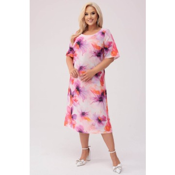 Trapezowa sukienka w kwiaty w odcieniach fioletu MIDI PLUS SIZE XXL OVERSIZE WIOSNA