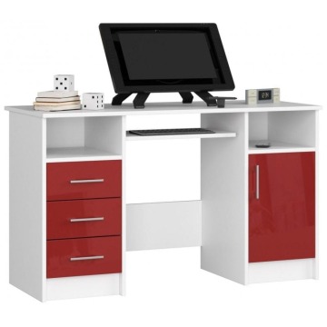 Biurko komputerowe, szuflady, szafka, SOFIA, 124x52x74 cm, biel, czerwony, połysk