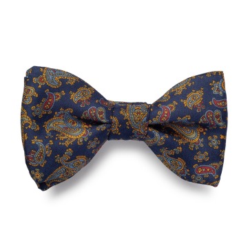 Elegancka mucha wiązana granatowa w niebieski i żółty paisley 
