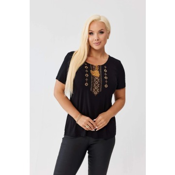 Wiskozowa czarna bluzka z haftem przy dekolcie OVERSIZE PLUS SIZE WIOSNA LATO