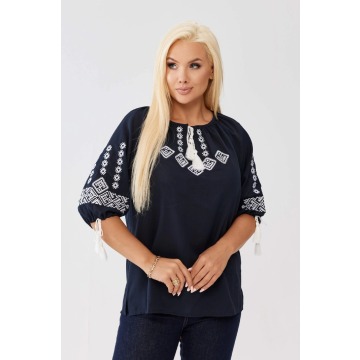 Elegancka granatowa bluzka z haftem - żorżeta OVERSIZE PLUS SIZE WIOSNA LATO