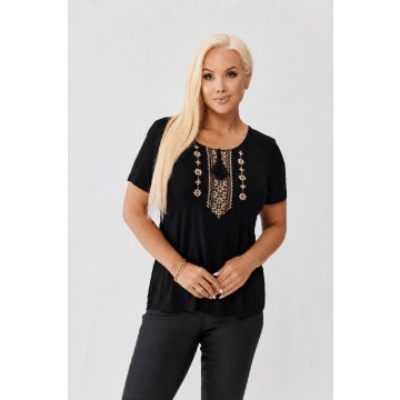 Czarna bawełniana bluzka z miodowym haftem krzyżykowym OVERSIZE PLUS SIZE WIOSNA LATO