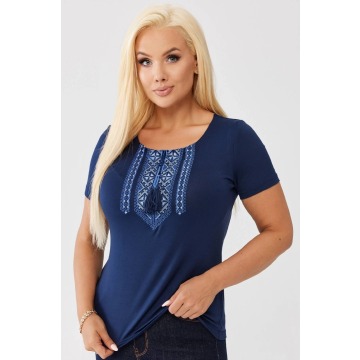 Bawełniana granatowa bluzka z haftem przy dekolcie OVERSIZE PLUS SIZE WIOSNA LATO