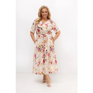 Sukienka midi lniano-bawełniana w kwiaty Florka z paskiem | PLUS SIZE OVERSIZE LATO