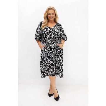 Sukienka Arie czarno-biała z paskiem | 100% kreszowana wiskoza | OVERSIZE PLUS SIZE LATO