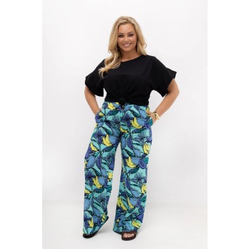 Turkusowe spodnie Marisa w owocowy wzór | Prosta nogawka | Rayon z bawełną | PLUS SIZE OVERSIZE LATO