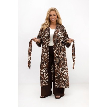 Kimono damskie Adele we wzór brązowych kwiatów | 100% wiskoza | PLUS SIZE OVERSIZE LATO