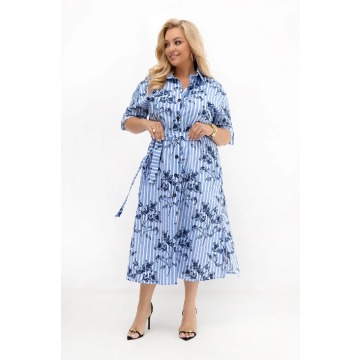 Sukienka koszulowa Iris w paski z granatowymi kwiatami | 100% bawełna | PLUS SIZE OVERSIZE LATO