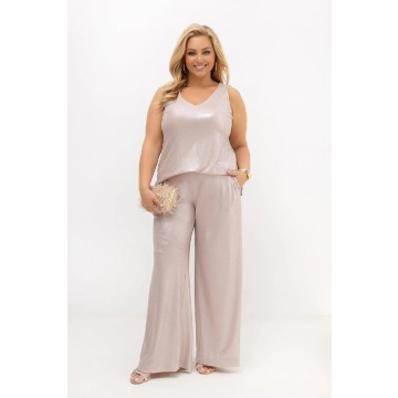 Elegancki komplet damski połyskujący Asteria: top i szerokie spodnie z lurexu | PLUS SIZE OVERSIZE L