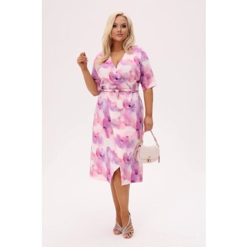 Kopertowa sukienka Florella MIDI - Akwarelowe Kwiaty, w odcieniach różu i fioletu PLUS SIZE XXL OVER