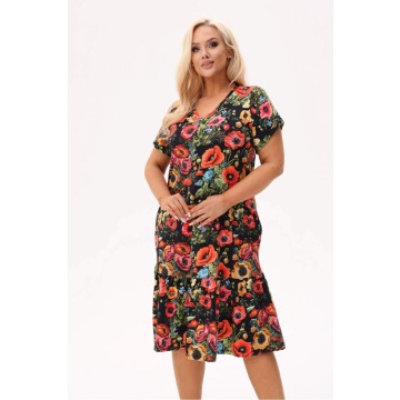 Sukienka MAKOVSKA z falbaną i kieszeniami - print w maki na czarnym tle PLUS SIZE XXL OVERSIZE