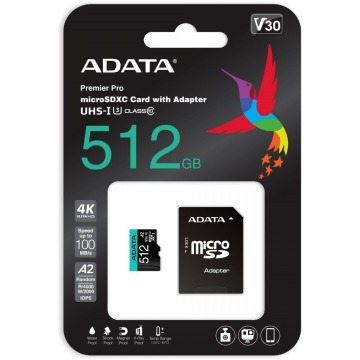 ADATA Premier Pro microSDXC 512GB 100R/80W UHS-I U3 Class 10 A2 V30S + Adapter