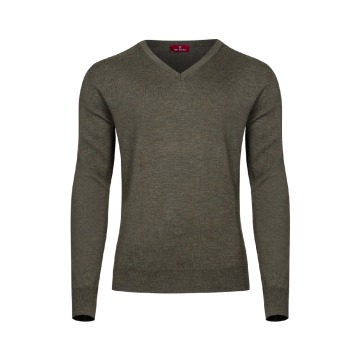 Oliwkowy sweter męski z wełny merino w serek  XXS
