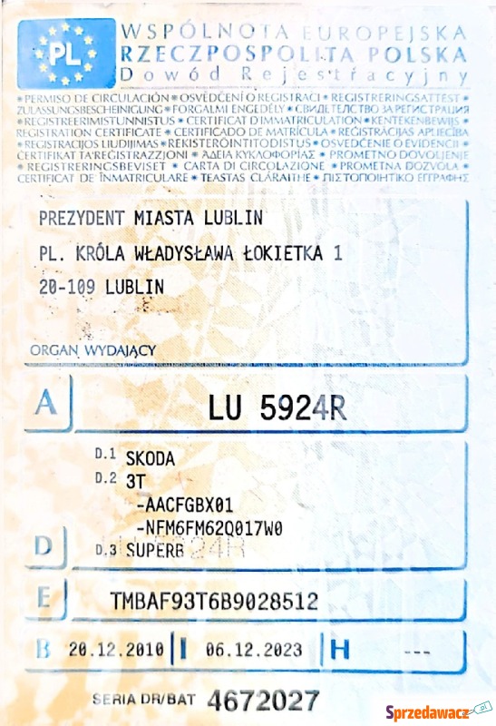 Skoda Superb  Sedan/Limuzyna 2010,  2.0 diesel - Na sprzedaż za 25 000 zł - Lublin