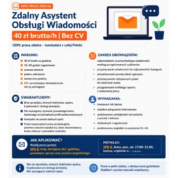 Zdalny Asystent Obsługi Wiadomości - 40 zł brutto/h | Bez CV
