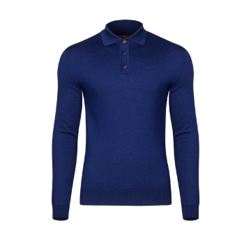 Niebieskie męskie polo z długim rękawem z wełny merino XL