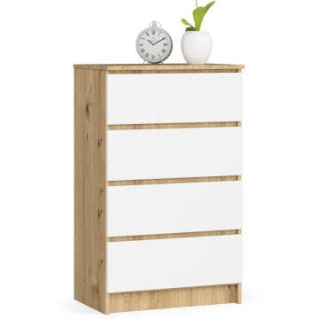 Komoda do sypialni, 4 szuflady, STILO, 60x40x99 cm, dąb artisan, biel, mat