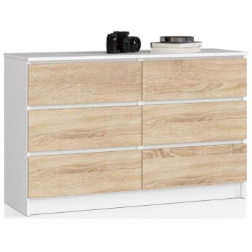Komoda do salonu, sypialni, 6 szuflad, STILO, 120x40x77 cm, biel, dąb sonoma, mat