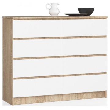 Komoda do salonu, sypialni, STILO, 8 szuflad, 120x40x99 cm, dąb sonoma, biel, mat