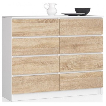 Komoda do salonu, sypialni, STILO, 8 szuflad, 120x40x99 cm, biel, dąb sonoma, mat