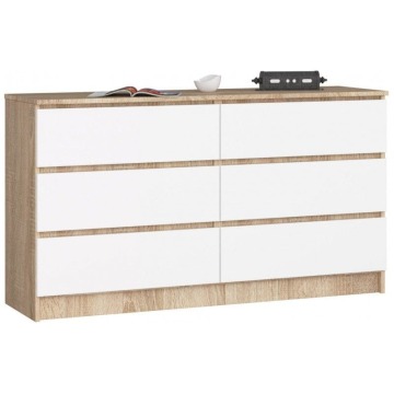 Komoda do sypialni, 6 szuflad, STILO, 140x40x77 cm, dąb sonoma, biel, mat