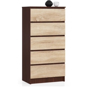 Komoda do sypialni, 5 szuflad, STILO, 60x40x121 cm, wenge, dąb sonoma, mat
